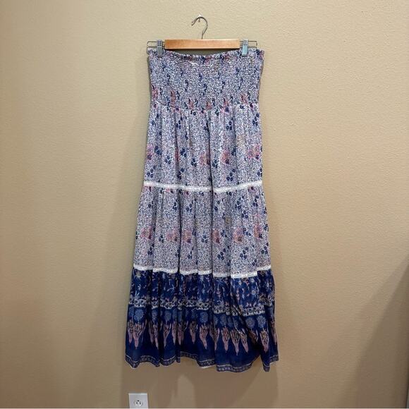 NWT Alicia Bell Blue Pink Boho Floral Cotton Silk Maxi Skirt Large - Picture 11 of 14